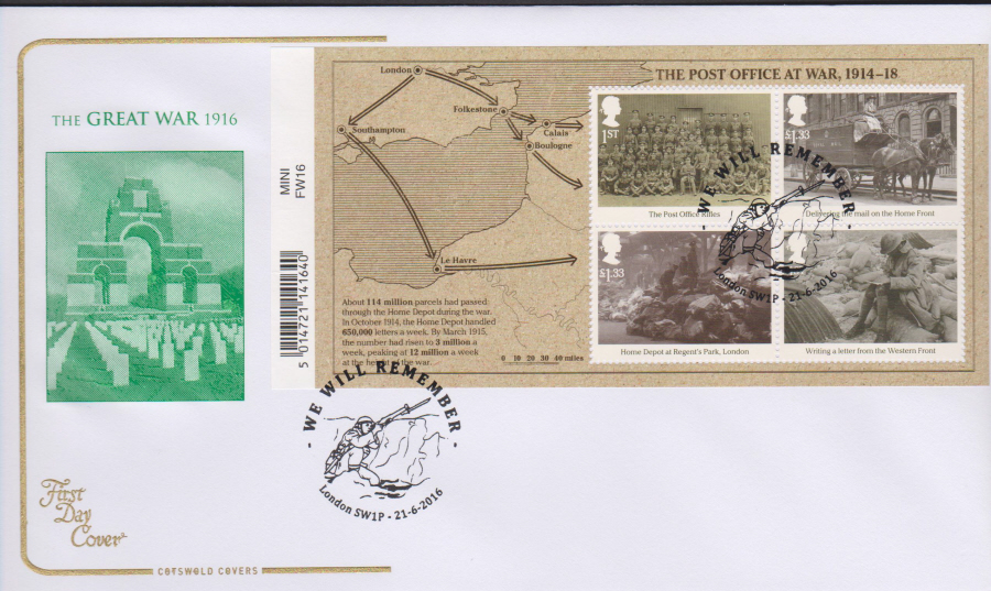 2016 - The Great War 1916, Minisheet COTSWOLD First Day Cover, WWI Centenary, London SW1 Postmark